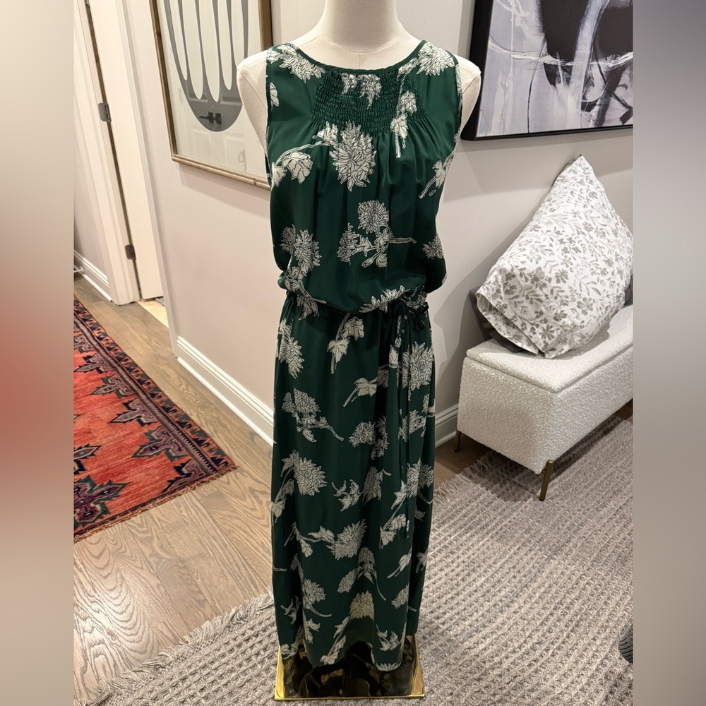 Burning Torch Green Silk Dress with White Floral Design